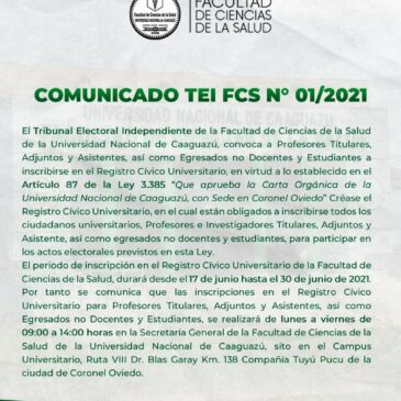 Comunicado del Tribunal Electoral Independiente de la FCS N° 01/2021