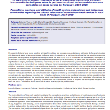 Percepciones, prácticas y actitudes de los profesionales del sistema de salud y las comunidades indígenas sobre la pertinencia cultural de los servicios materno perinatales en zonas rurales del Paraguay. 2019-2020