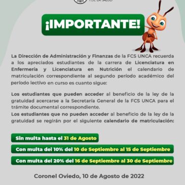 Calendario de Matriculación correspondiente al Segundo Periodo Académico del Periodo Lectivo 2022