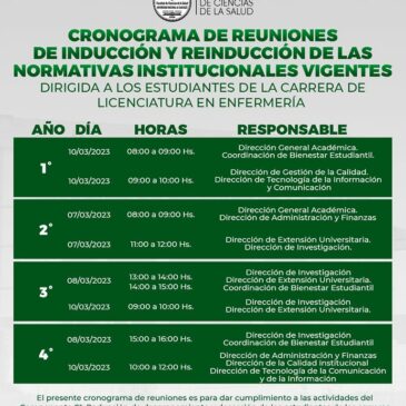 Cronograma de reuniones dirigida a estudiantes de la Carrera de Licenciatura en Enfermería