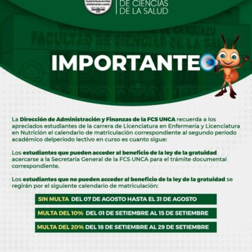 Calendario de Matriculación para Estudiantes de Grado que No son beneficiarios según la Ley N° 6628/2020 de la Gratuidad, correspondiente al Segundo Periodo Académico del Periodo Lectivo 2023