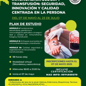 Capacitación – Inmunohematología y Transfusión «Seguridad, innovación y calidad centrada en la persona»